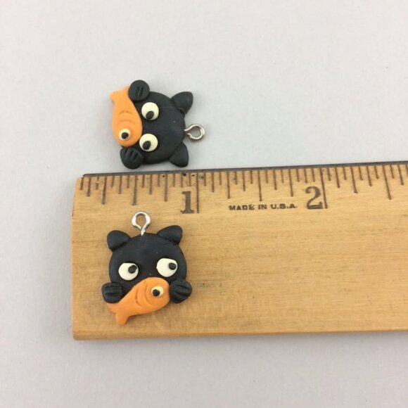 9 Black Kitty Cat Goldfish Polymer Clay Charms Pendants Handmade 3/4" - Picture 10 of 10